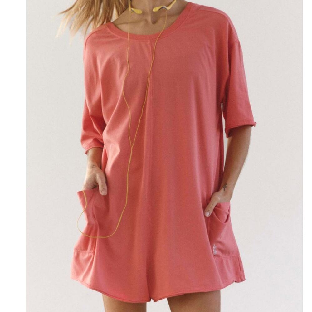 NEW Free People Movement Neon Coral Oversized Shapeless Hot Shot Tee Romper XS